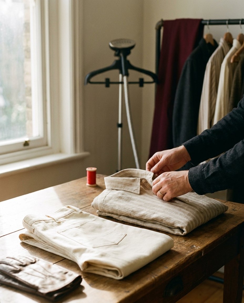 Atelier Boom — pièces homme sélectionnées et pliées avec soin près de la fenêtre