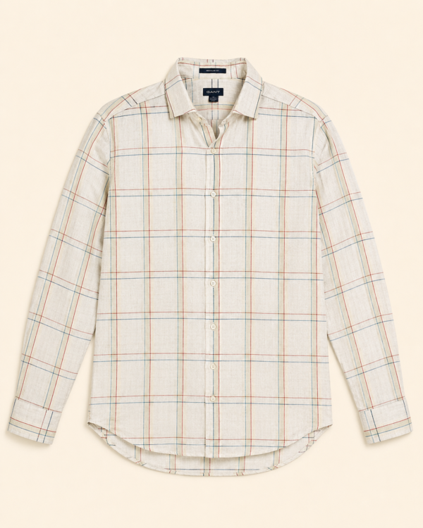 Chemise GANT en lin à carreaux écru — Regular Fit - Taille L