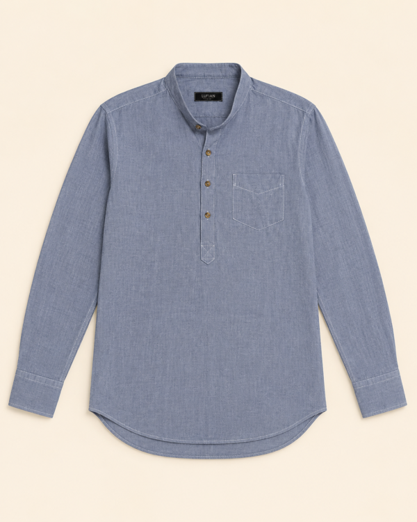 Chemise Henley en lin bleu chambray — Lufian - Taille L
