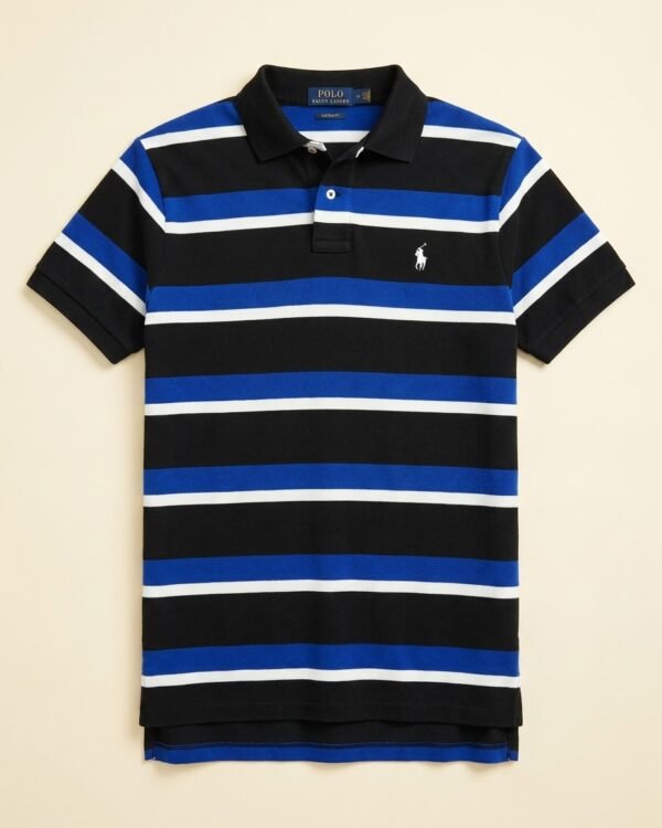 Polo Ralph Lauren Custom Fit rayé bleu royal, noir et blanc - Taille L